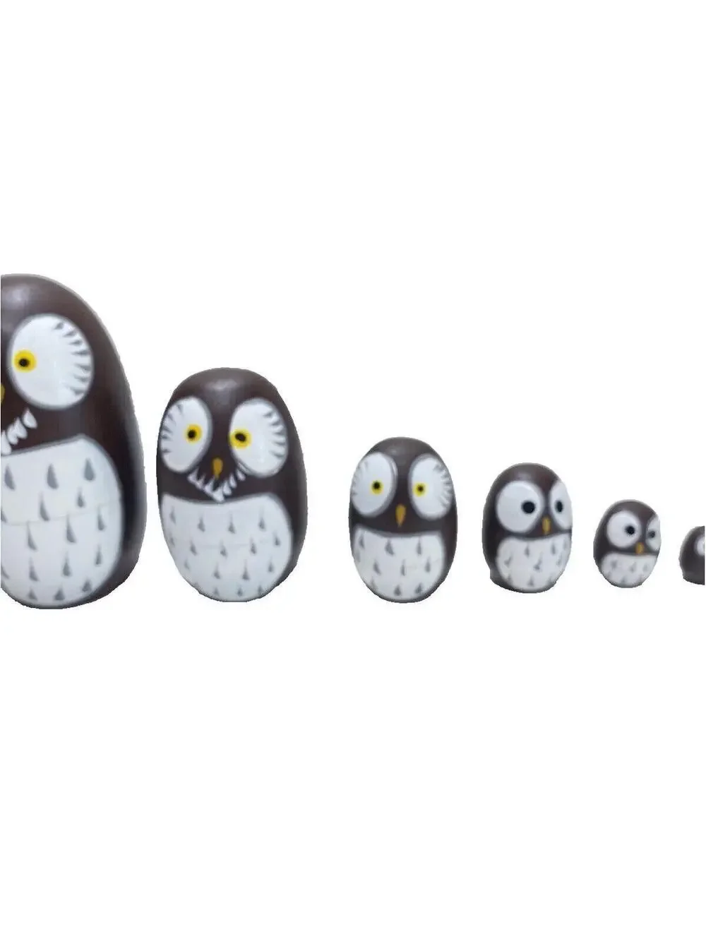 Wooden Owl Nesting Dolls - 10 Piece Set - Brown and White - Hand-Painted